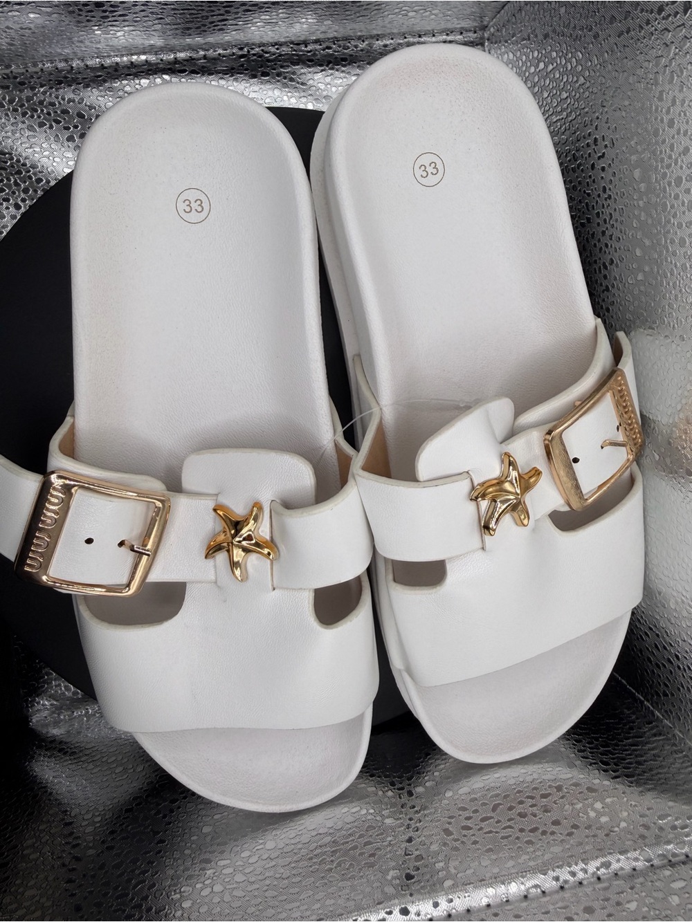 White Women's Slide Sandals with Gold Accents